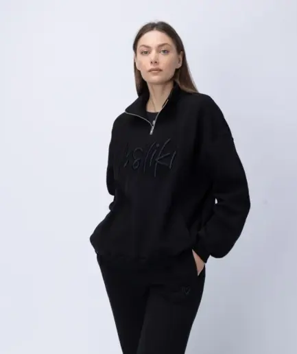 Women’s Black Fleece Half Zip Up Sweatshirt | Vasiliki